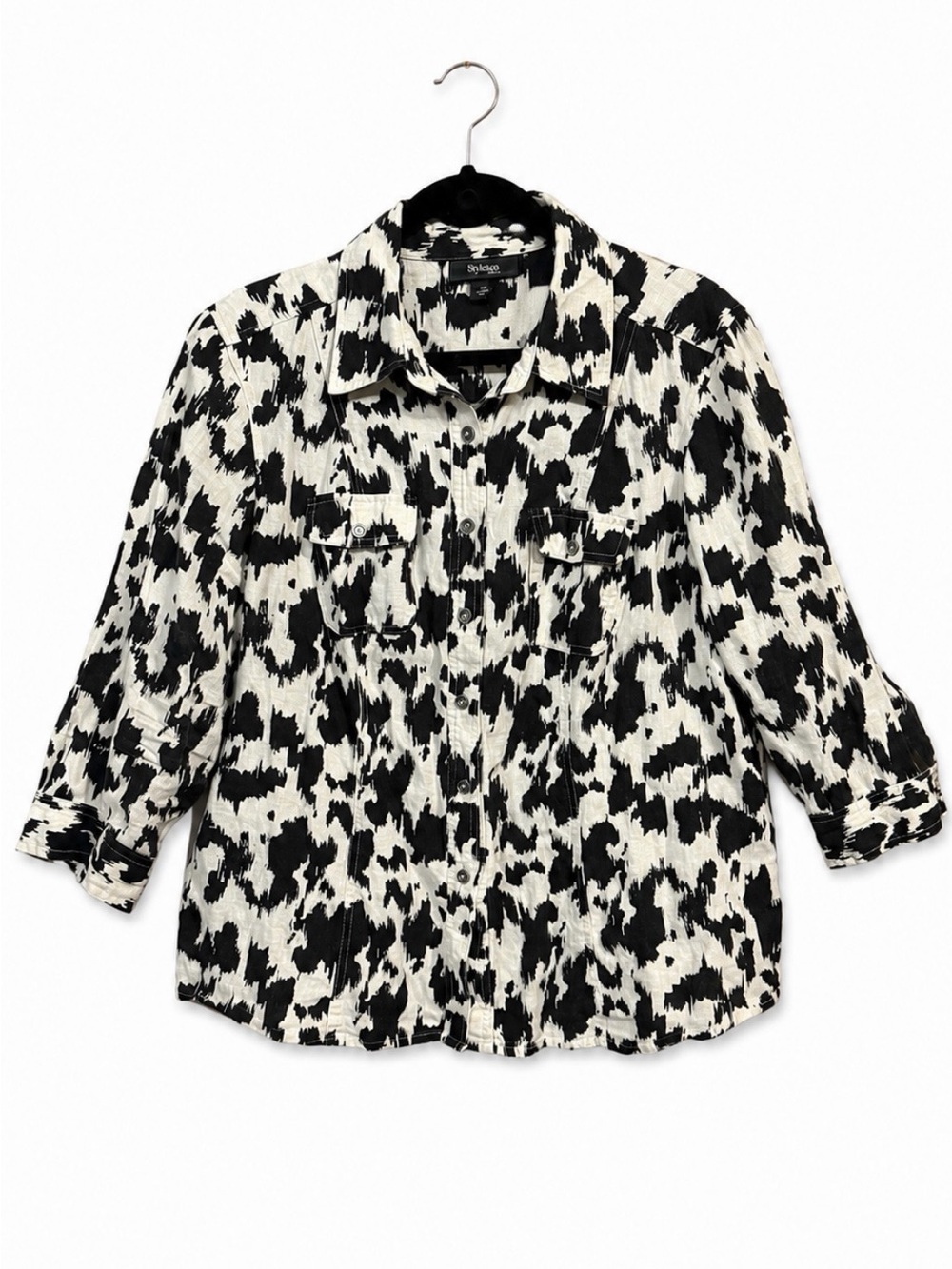 Style & Co. Women Black & White Leopard Print Button-Up Front Long Sleeve Shirt